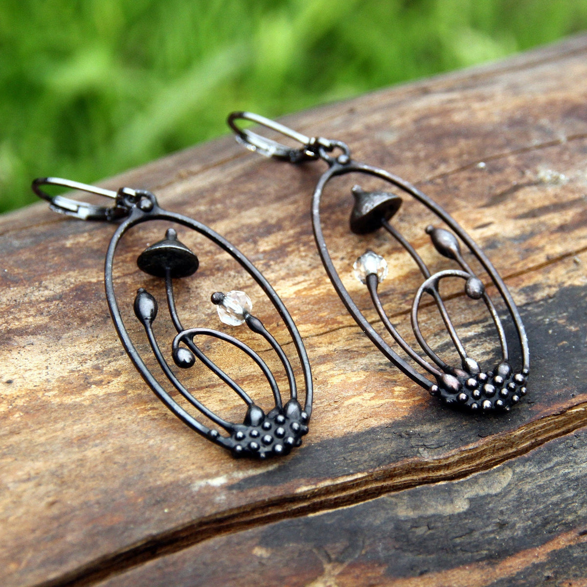 Clear Glass Mushroom Earrings – Blackened Copper Oval Forest Dangles – Botanical