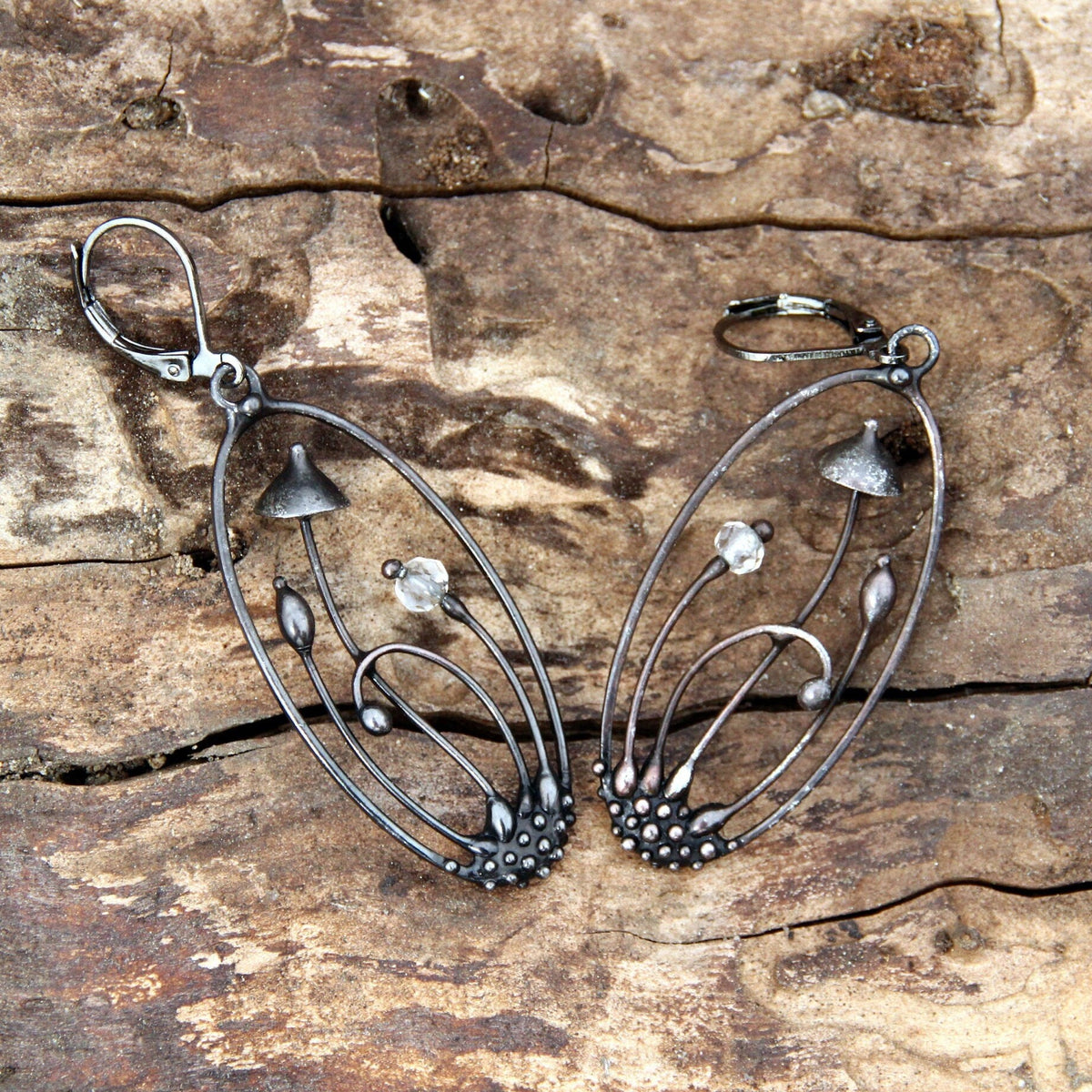 Clear Glass Mushroom Earrings – Blackened Copper Oval Forest Dangles – Botanical