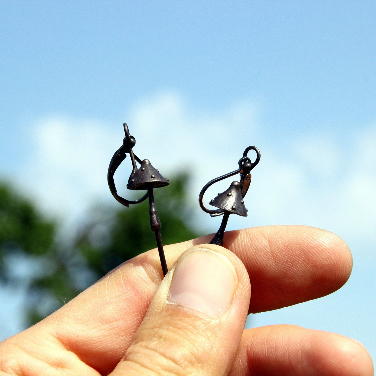 Black Amanita Extra Long Stem Earrings – Copper & Pewter