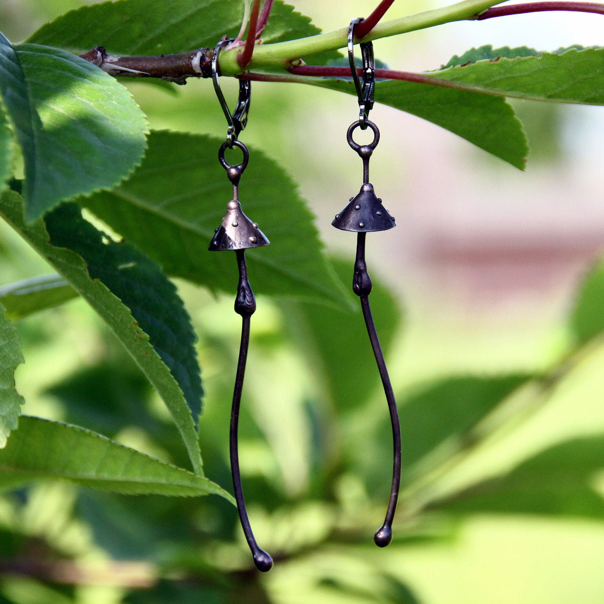Black Amanita Extra Long Stem Earrings – Copper & Pewter