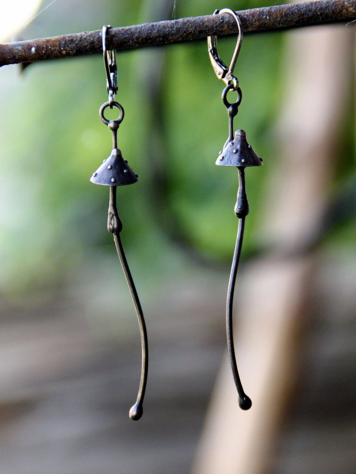 Black Amanita Extra Long Stem Earrings – Copper & Pewter