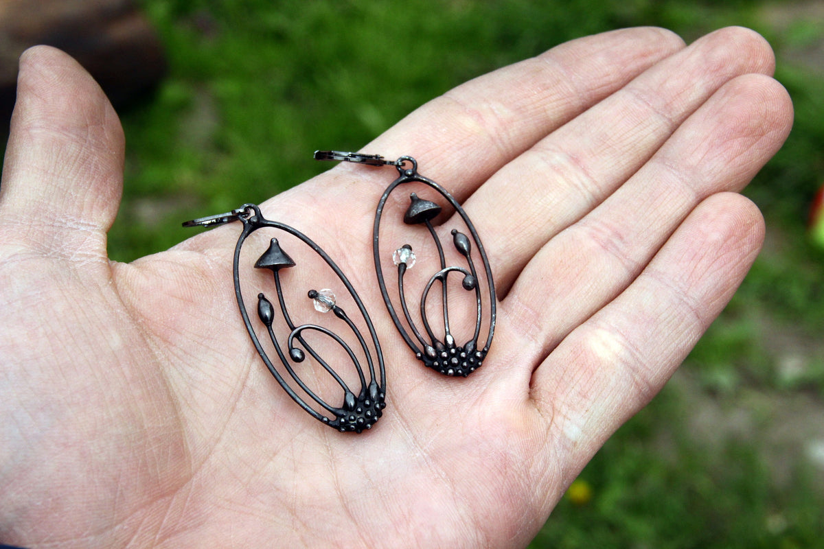 Clear Glass Mushroom Earrings – Blackened Copper Oval Forest Dangles – Botanical