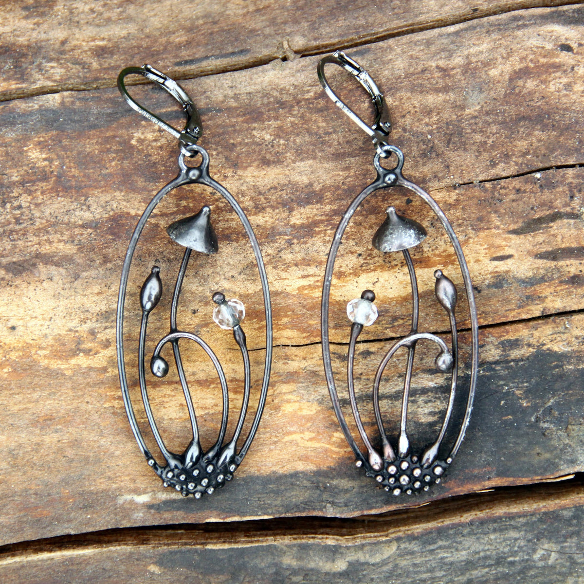 Clear Glass Mushroom Earrings – Blackened Copper Oval Forest Dangles – Botanical