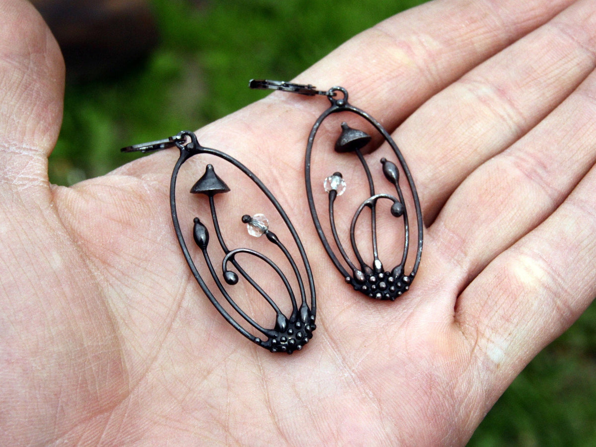 Clear Glass Mushroom Earrings – Blackened Copper Oval Forest Dangles – Botanical