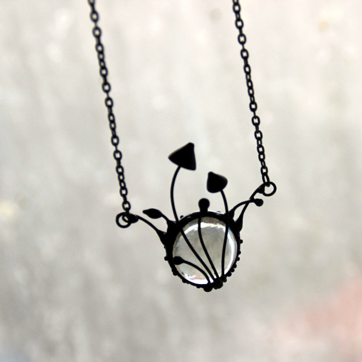 Clear Glass Mushroom Necklace – Blackened Copper & Pewter Forest Pendant – Botanical