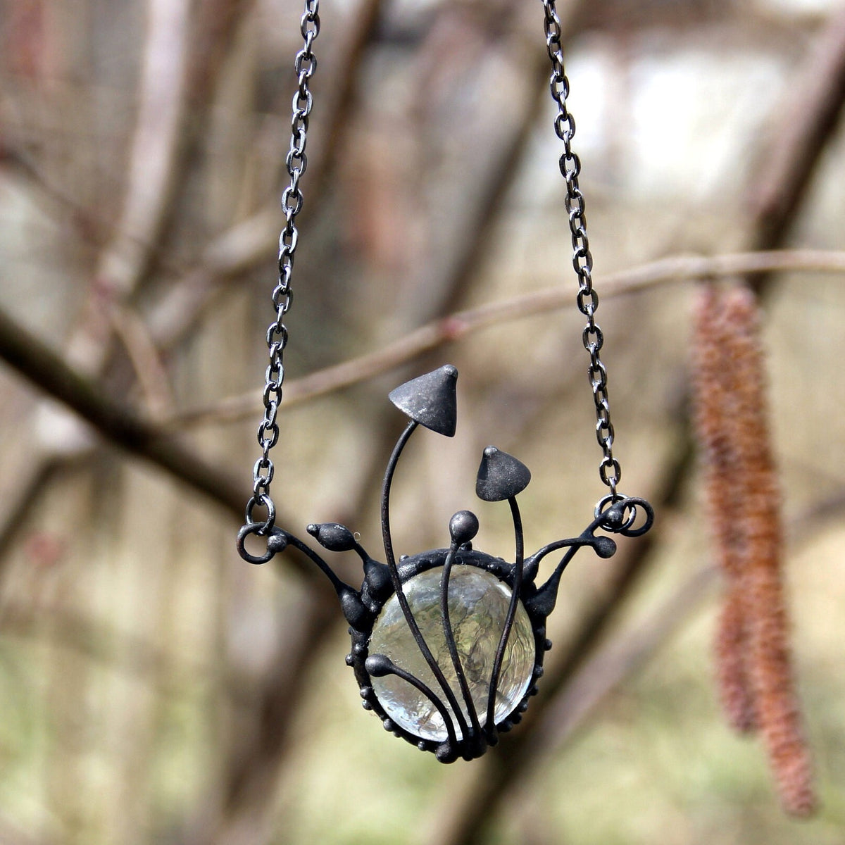 Clear Glass Mushroom Necklace – Blackened Copper & Pewter Forest Pendant – Botanical
