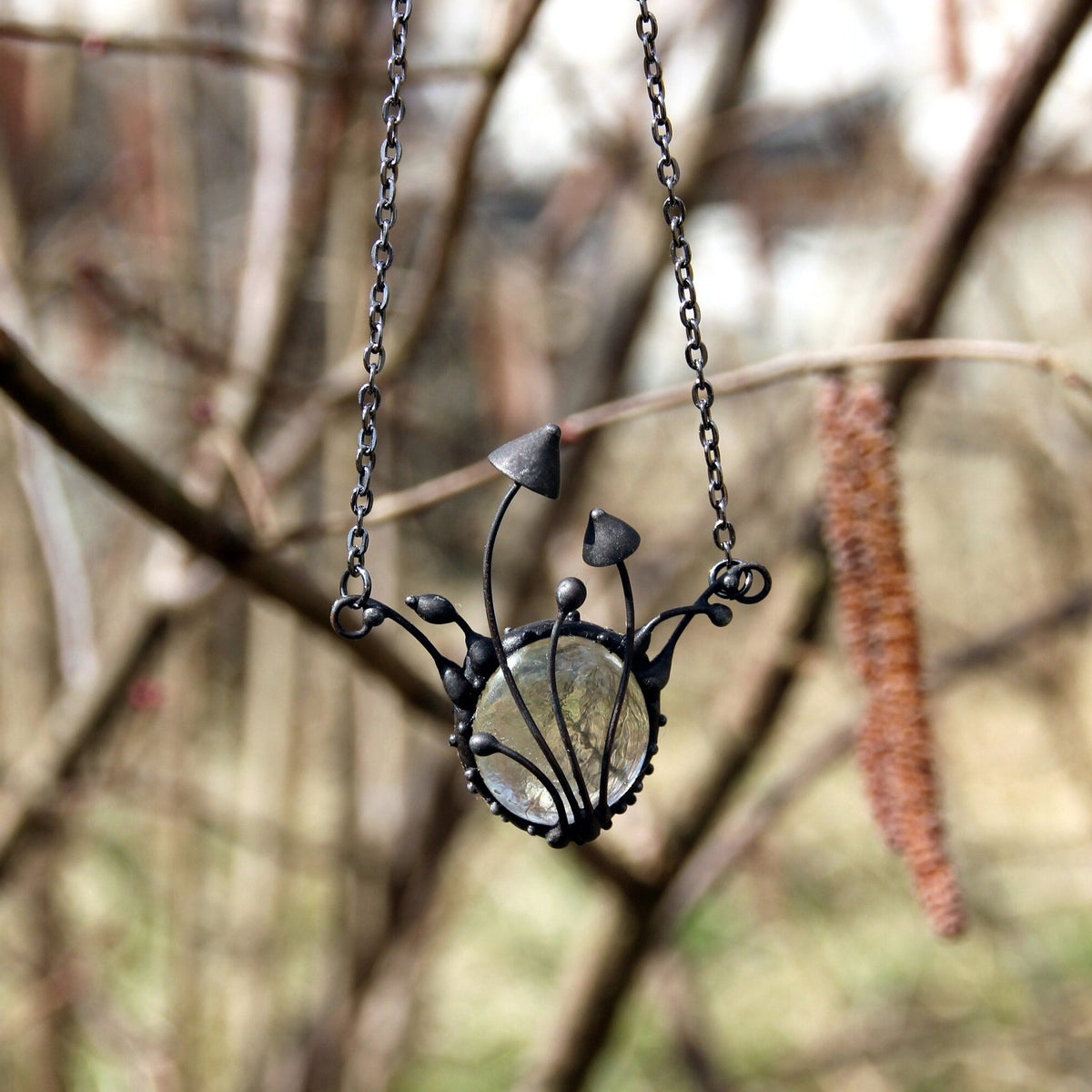 Clear Glass Mushroom Necklace – Blackened Copper & Pewter Forest Pendant – Botanical