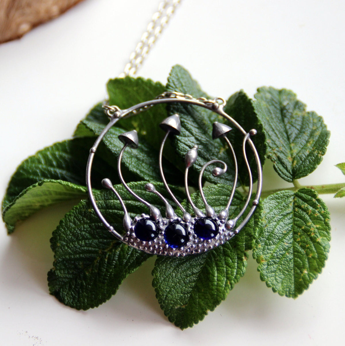 Cobalt Blue Glass Mushroom Necklace – Silver Tone
