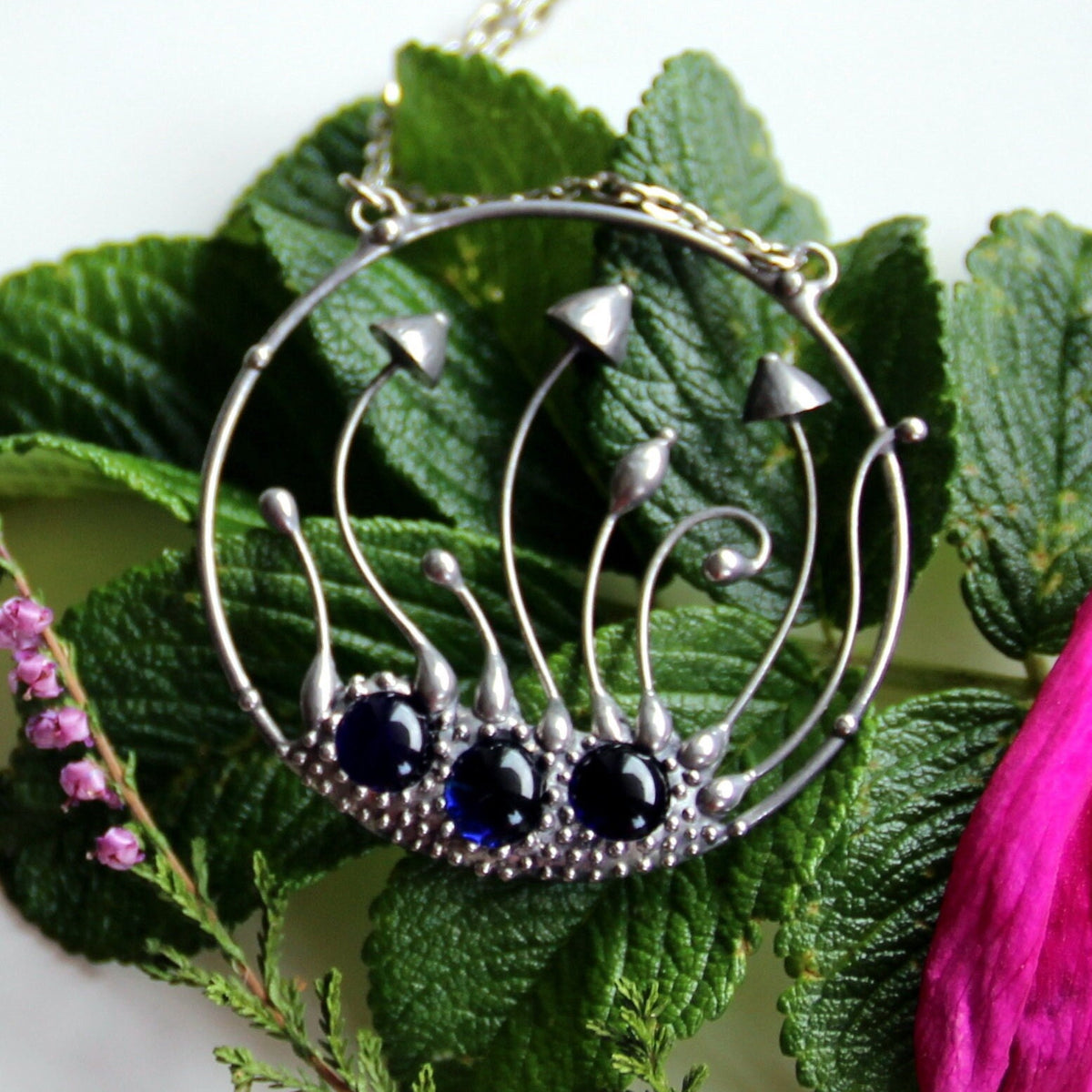 Cobalt Blue Glass Mushroom Necklace – Silver Tone