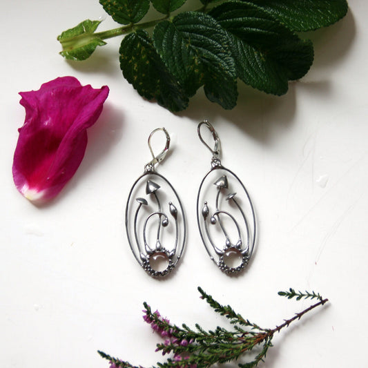Glass Mushroom Oval Earrings – Silver Tone