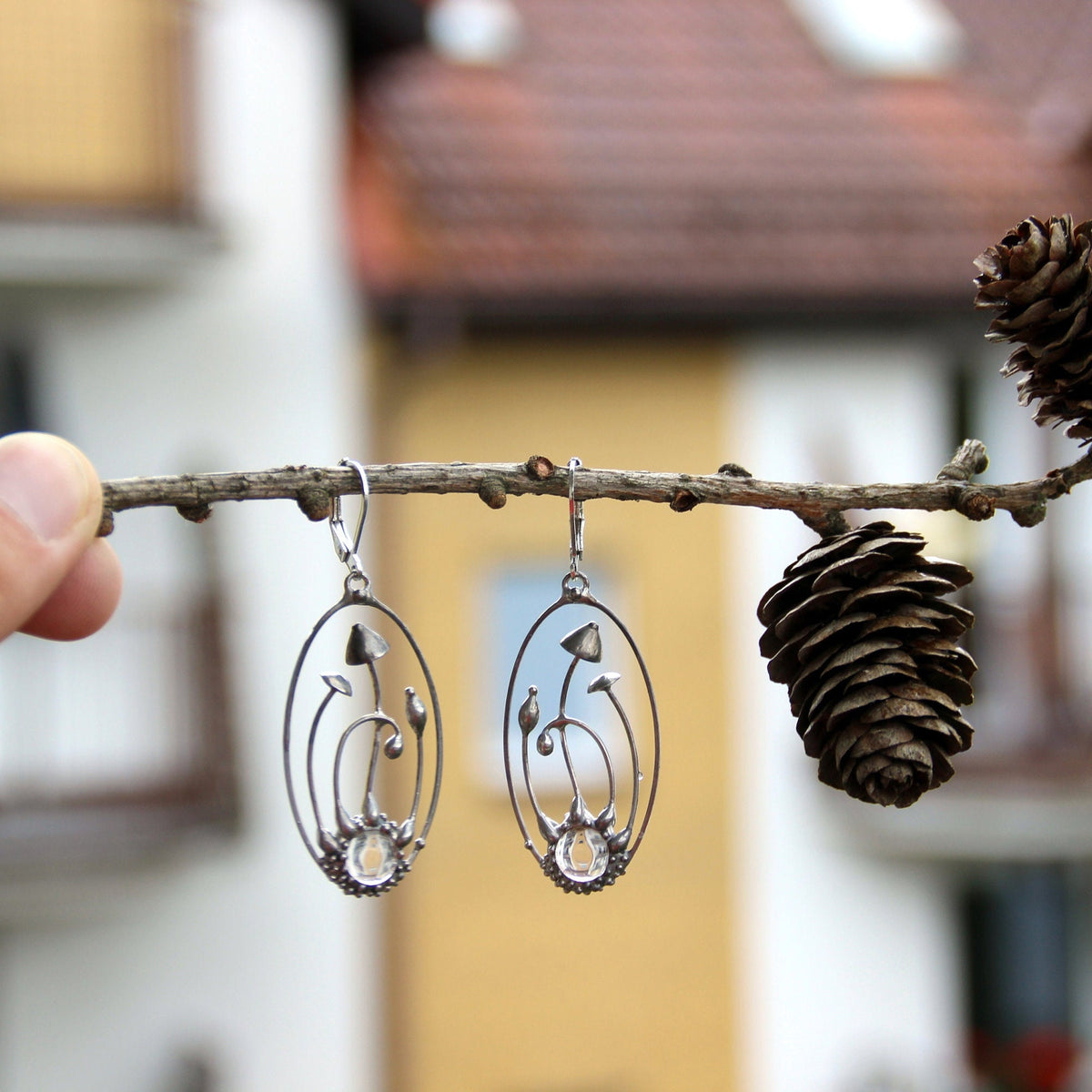 Glass Mushroom Oval Earrings – Silver Tone