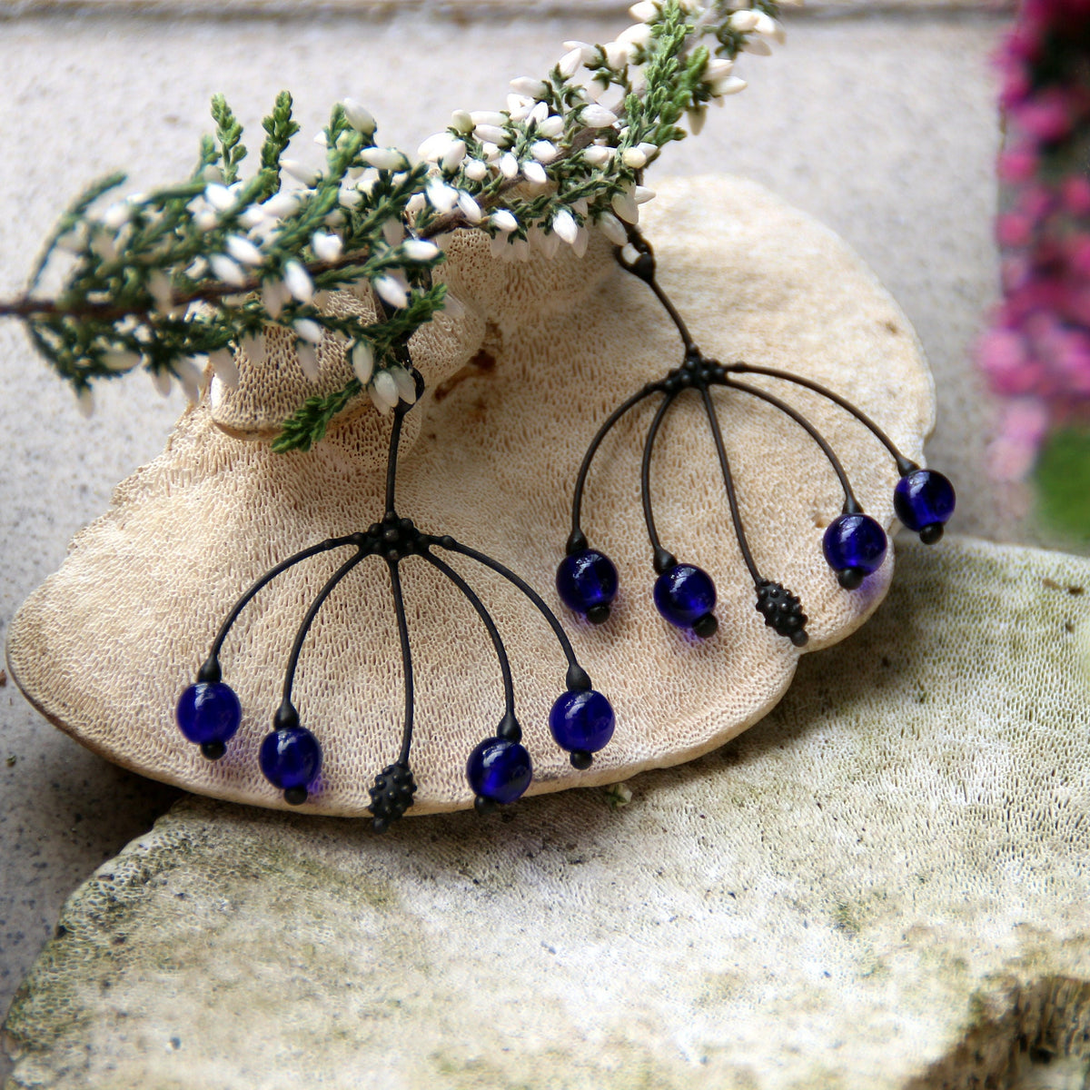 Cobalt Blue Glass Branch Earrings – Blackened Copper Botanical Dangles – Nature Inspired