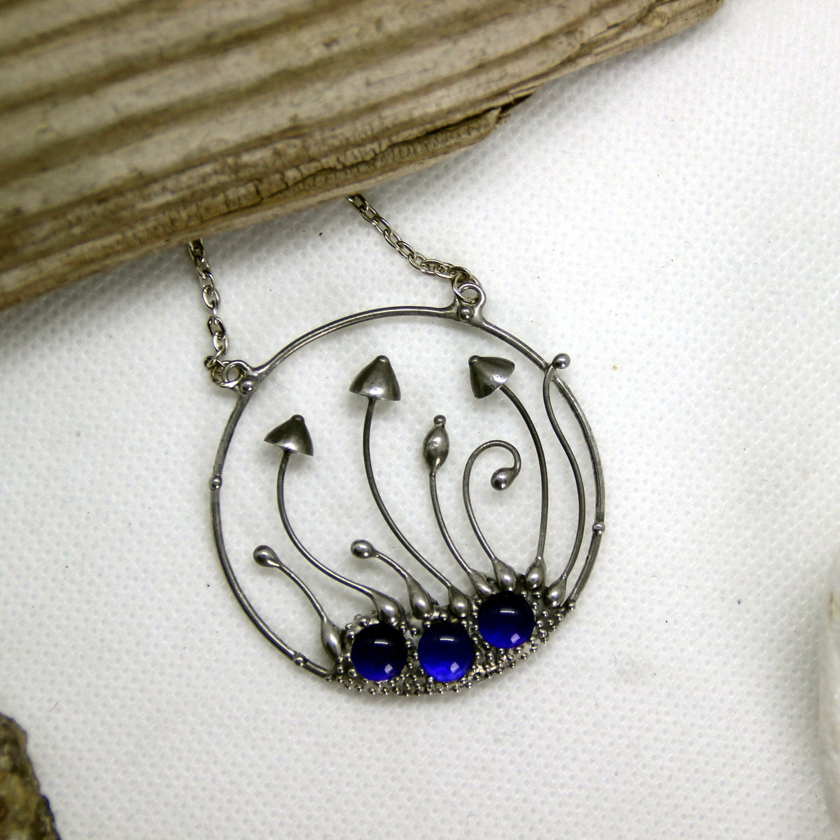 Cobalt Blue Glass Mushroom Necklace – Silver Tone