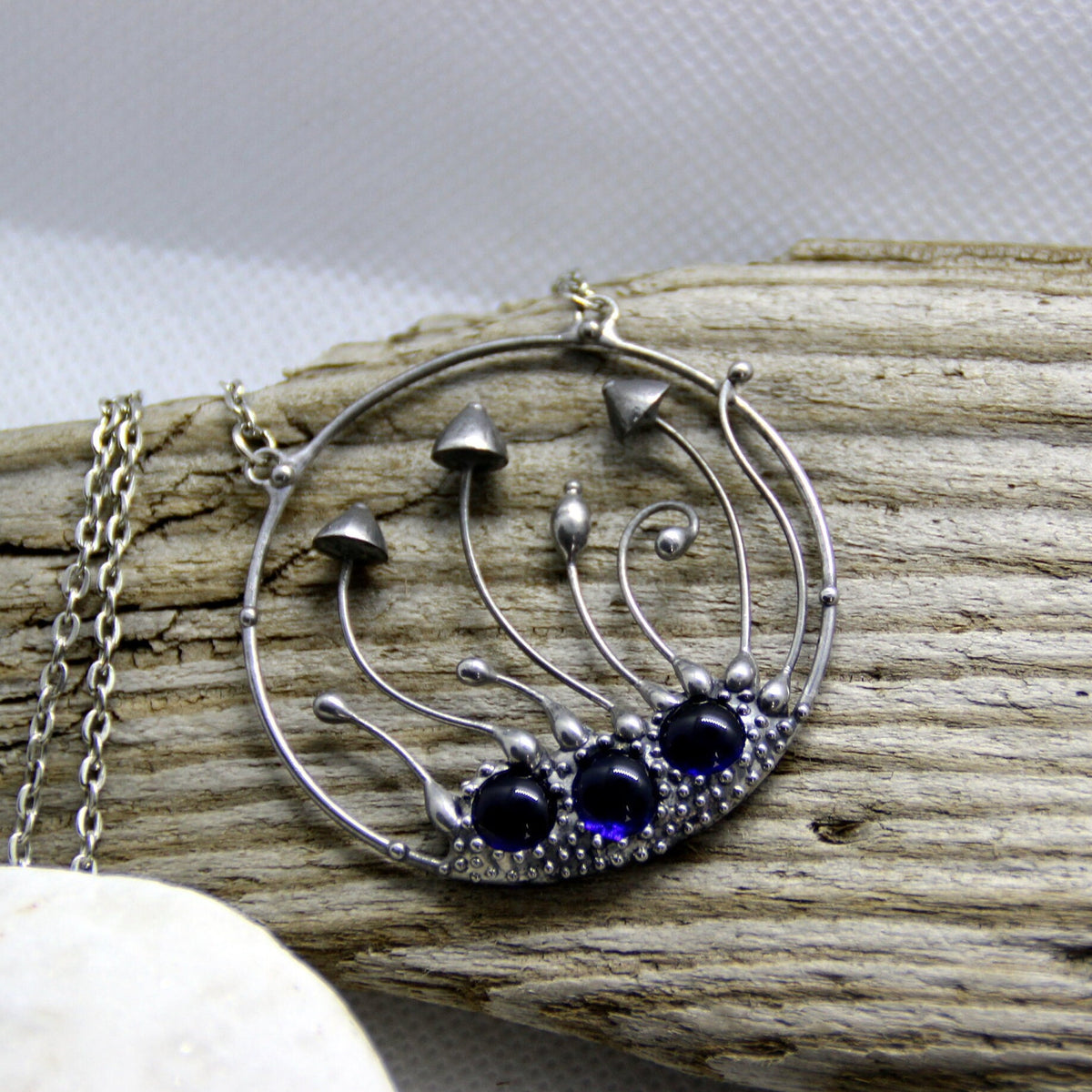Cobalt Blue Glass Mushroom Necklace – Silver Tone