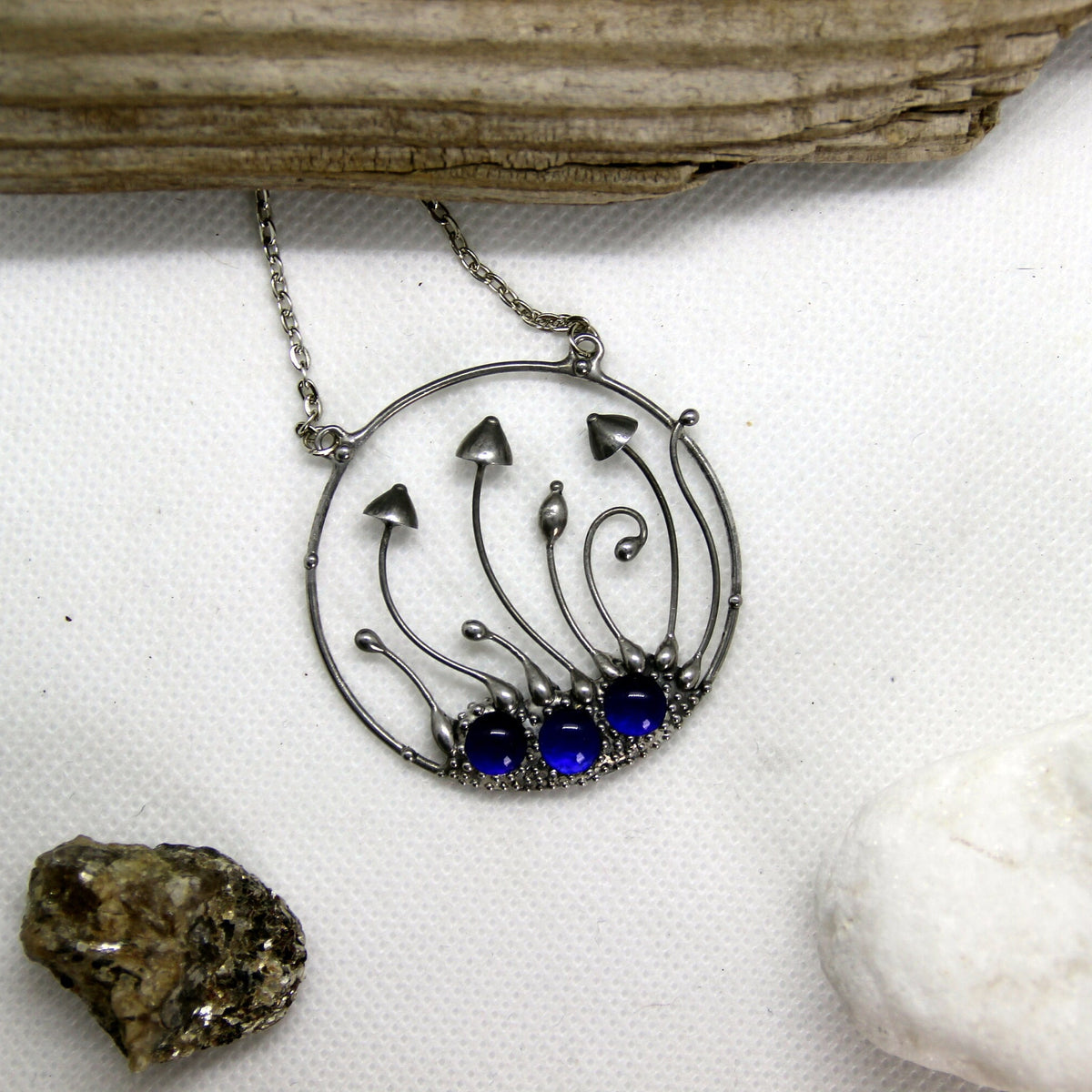 Cobalt Blue Glass Mushroom Necklace – Silver Tone