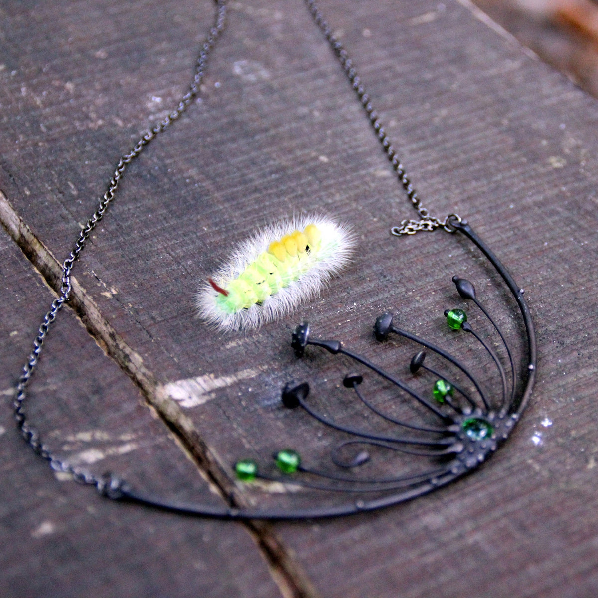 Green Glass Amanita Statement Necklace – Blackened Copper
