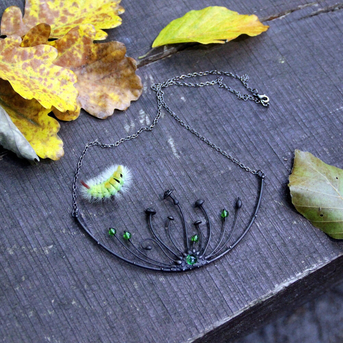 Green Glass Amanita Statement Necklace – Blackened Copper