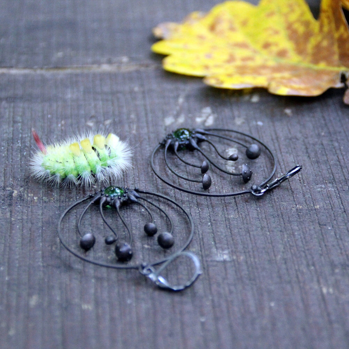 Green Glass Amanita Hoop Earrings – Blackened Copper