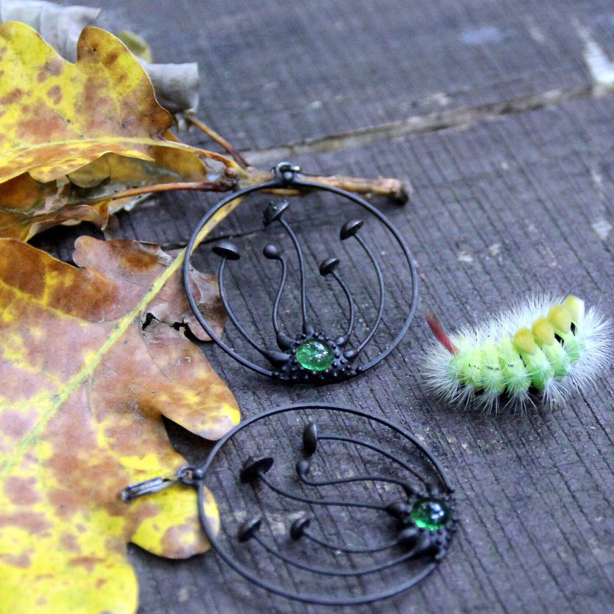 Green Glass Amanita Hoop Earrings – Blackened Copper