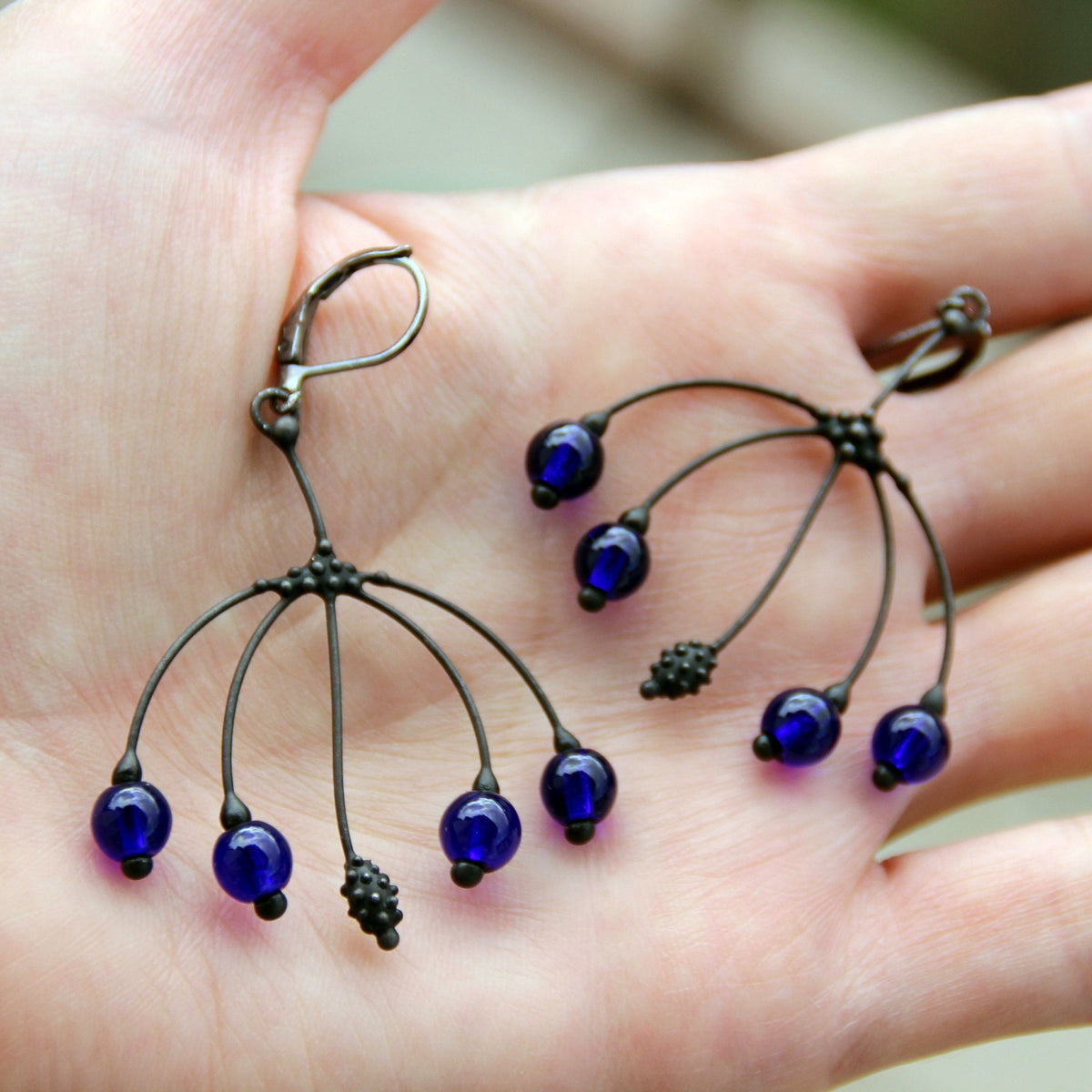 Cobalt Blue Glass Branch Earrings – Blackened Copper Botanical Dangles – Nature Inspired