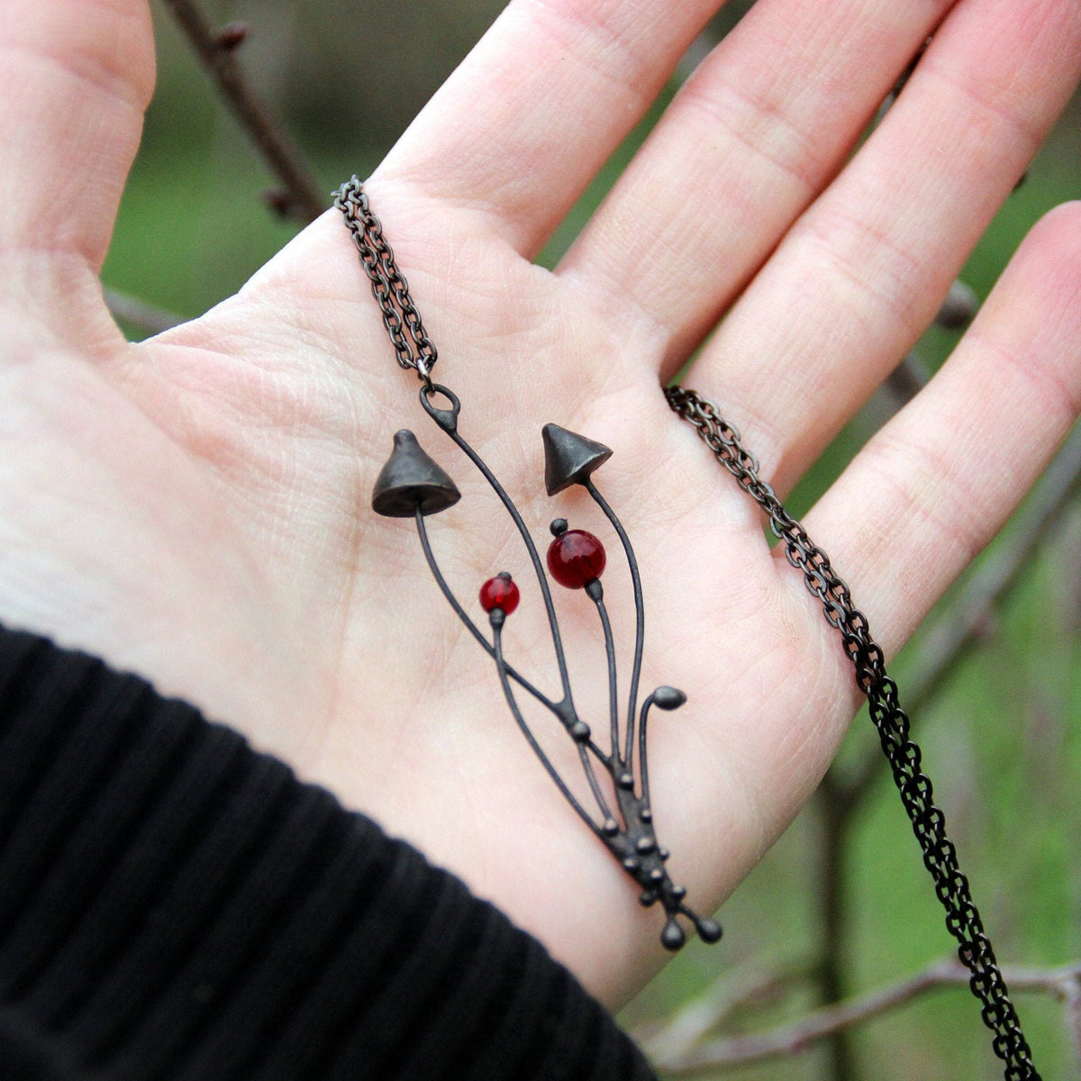 Red Glass Mushroom Necklace – Blackened Copper Forest Pendant – Psychedelic Botanical