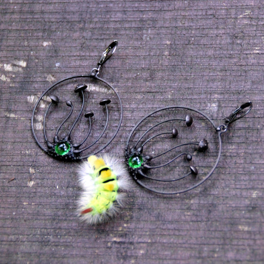 Green Glass Amanita Hoop Earrings – Blackened Copper