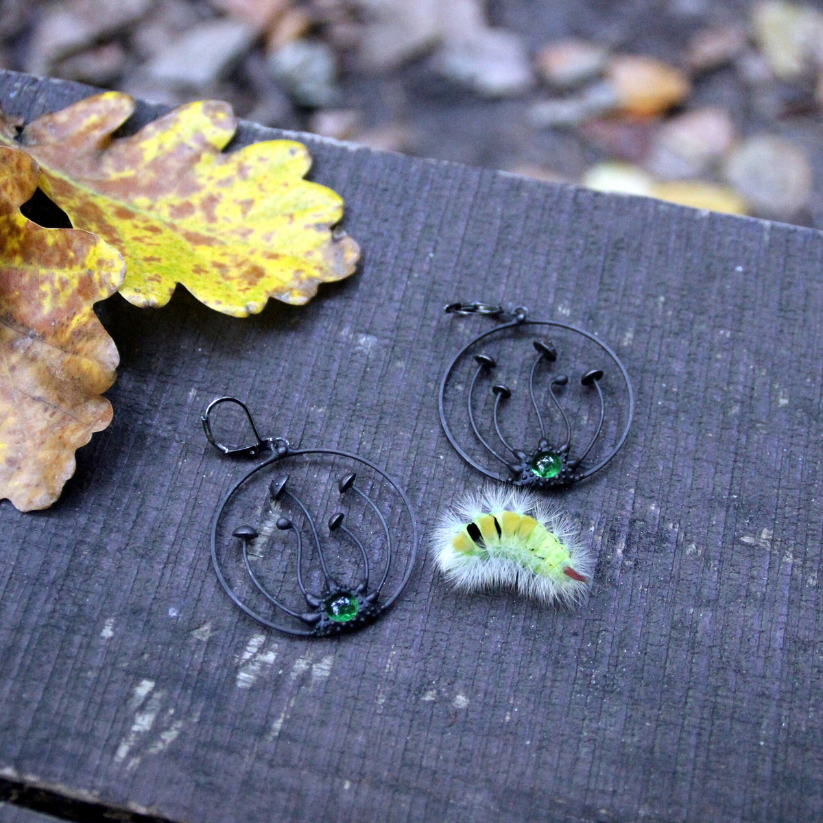Green Glass Amanita Hoop Earrings – Blackened Copper