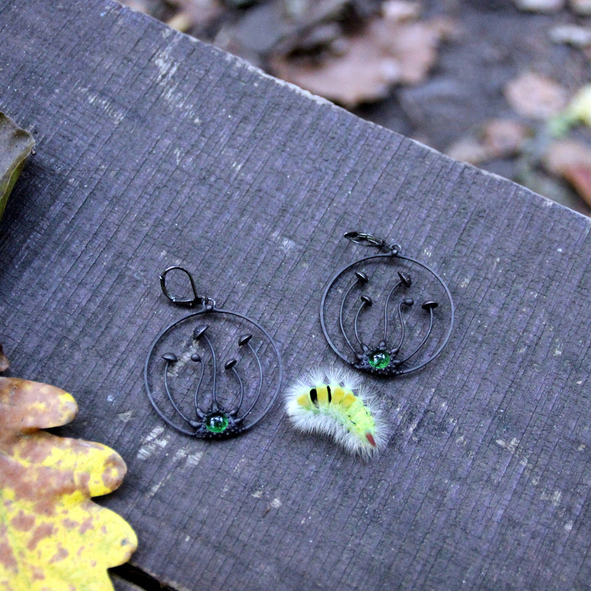 Green Glass Amanita Hoop Earrings – Blackened Copper