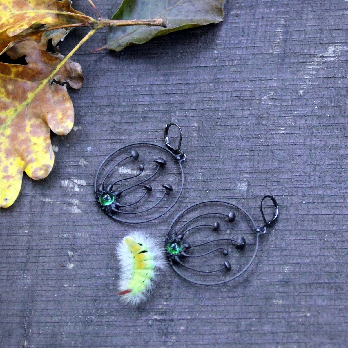 Green Glass Amanita Hoop Earrings – Blackened Copper