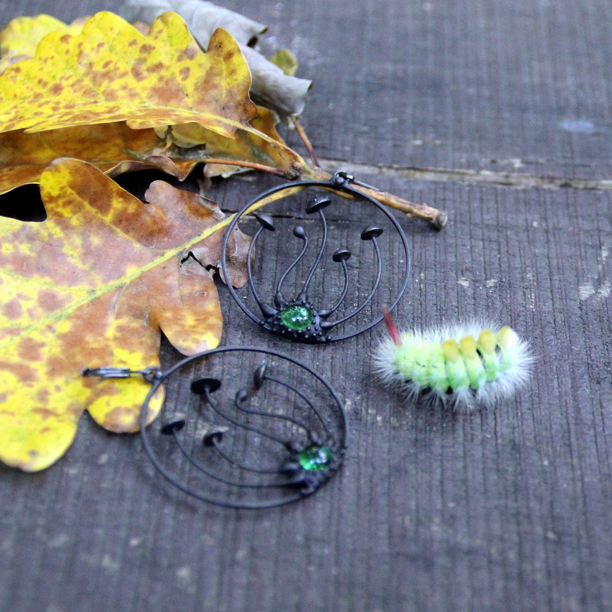 Green Glass Amanita Hoop Earrings – Blackened Copper