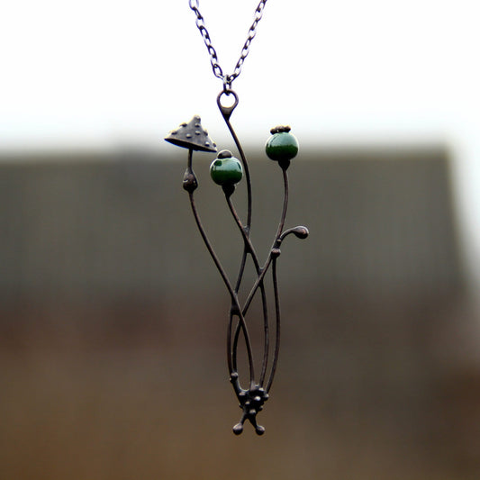 Green Ceramic Amanita Mushroom Necklace – Blackened Copper