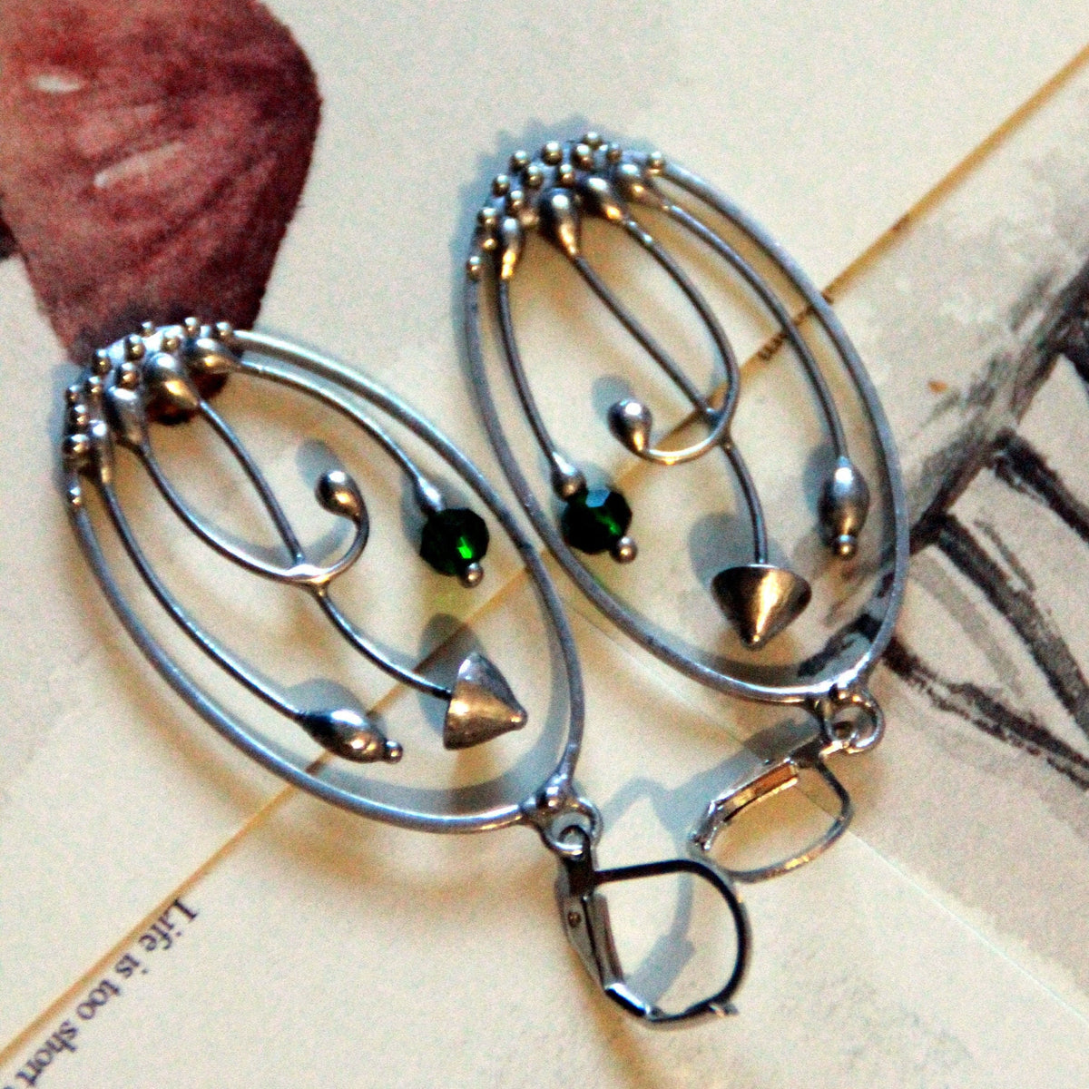 Green Glass Mushroom Earrings – Silver Tone