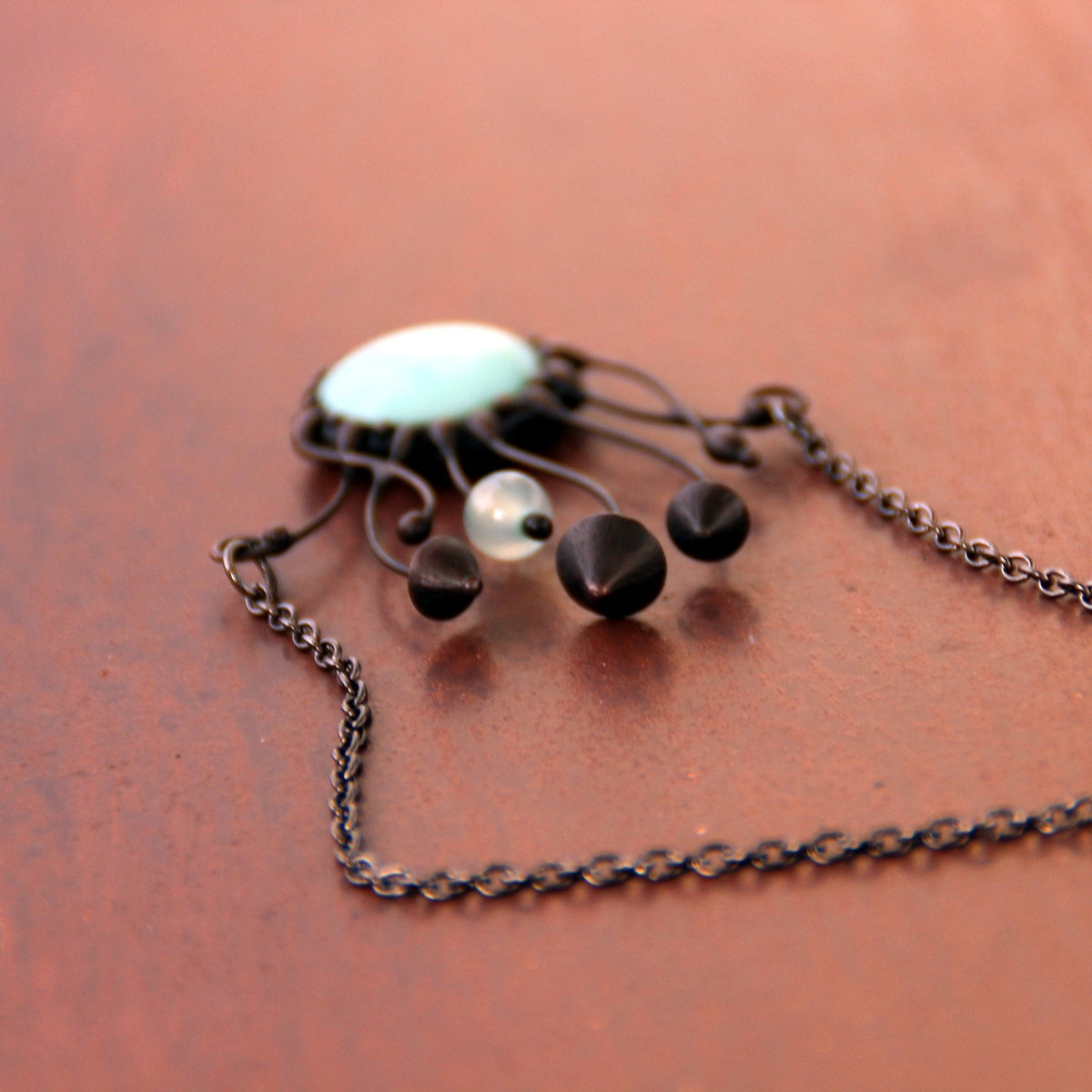 Blue Glass Mushroom Necklace – Blackened Copper Forest Pendant – Psychedelic Botanical