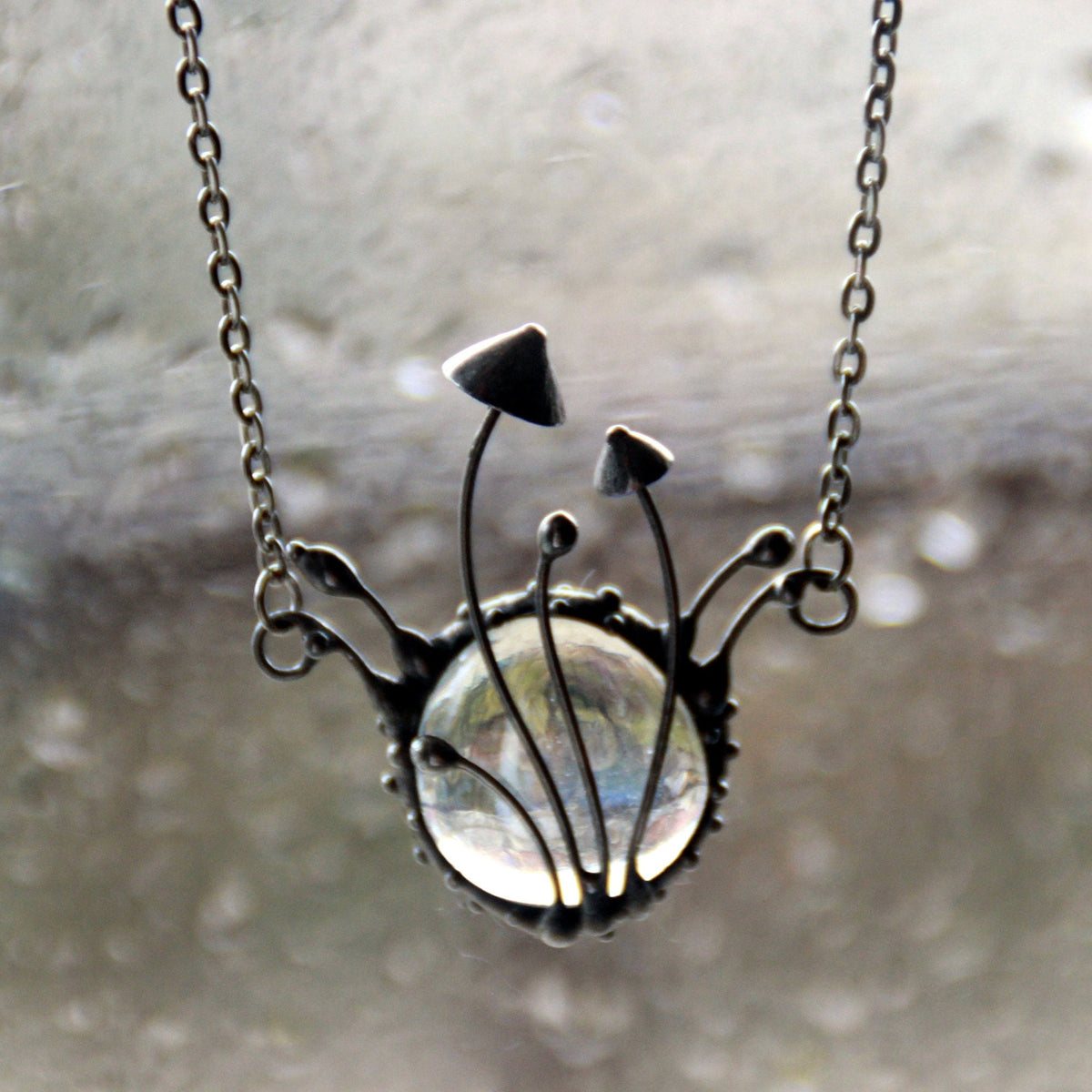 Clear Glass Mushroom Cluster Necklace – Silver Tone