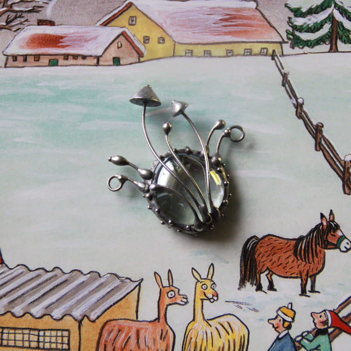 Clear Glass Mushroom Cluster Necklace – Silver Tone
