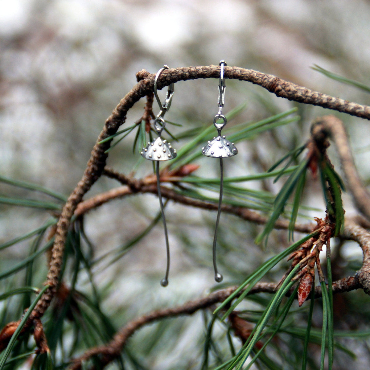 Silver Amanita Mushroom Earrings – Long Copper & Pewter Dangles – Minimalist Forest