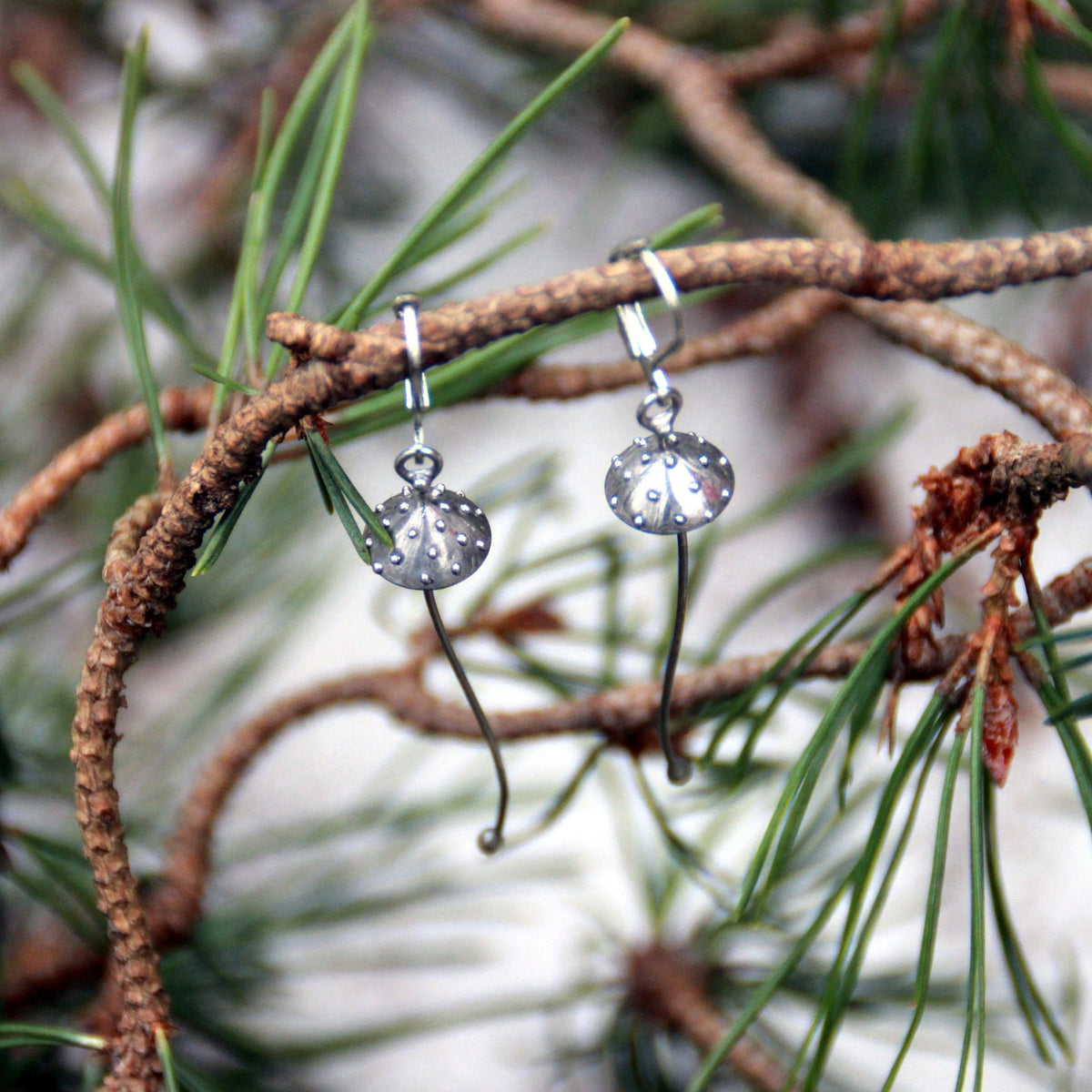 Silver Amanita Mushroom Earrings – Long Copper & Pewter Dangles – Minimalist Forest