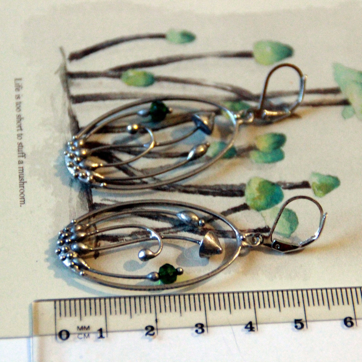 Green Glass Mushroom Earrings – Silver Tone