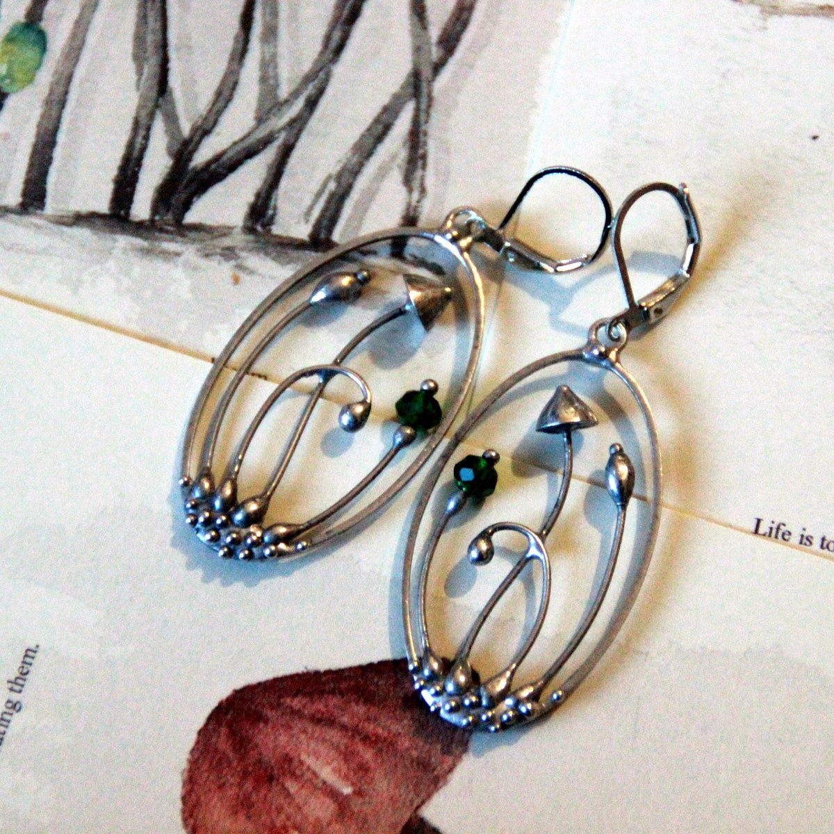 Green Glass Mushroom Earrings – Silver Tone