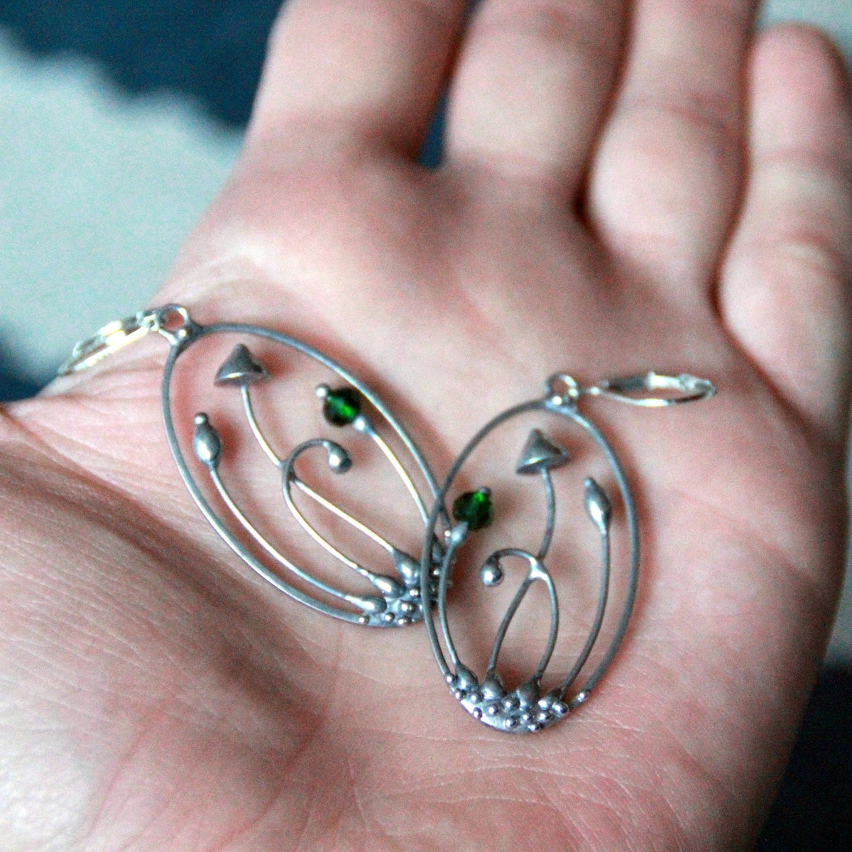 Green Glass Mushroom Earrings – Silver Tone