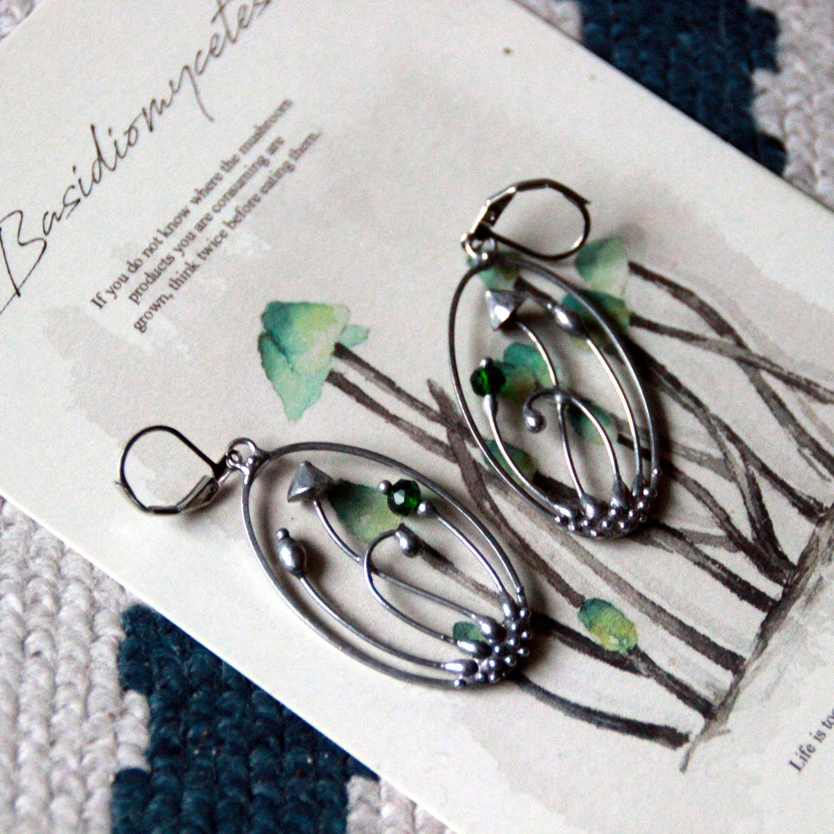 Green Glass Mushroom Earrings – Silver Tone