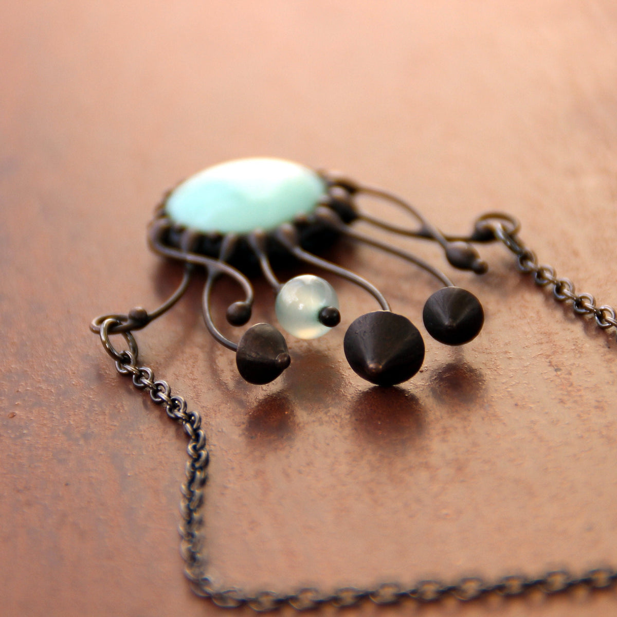 Blue Glass Mushroom Necklace – Blackened Copper Forest Pendant – Psychedelic Botanical