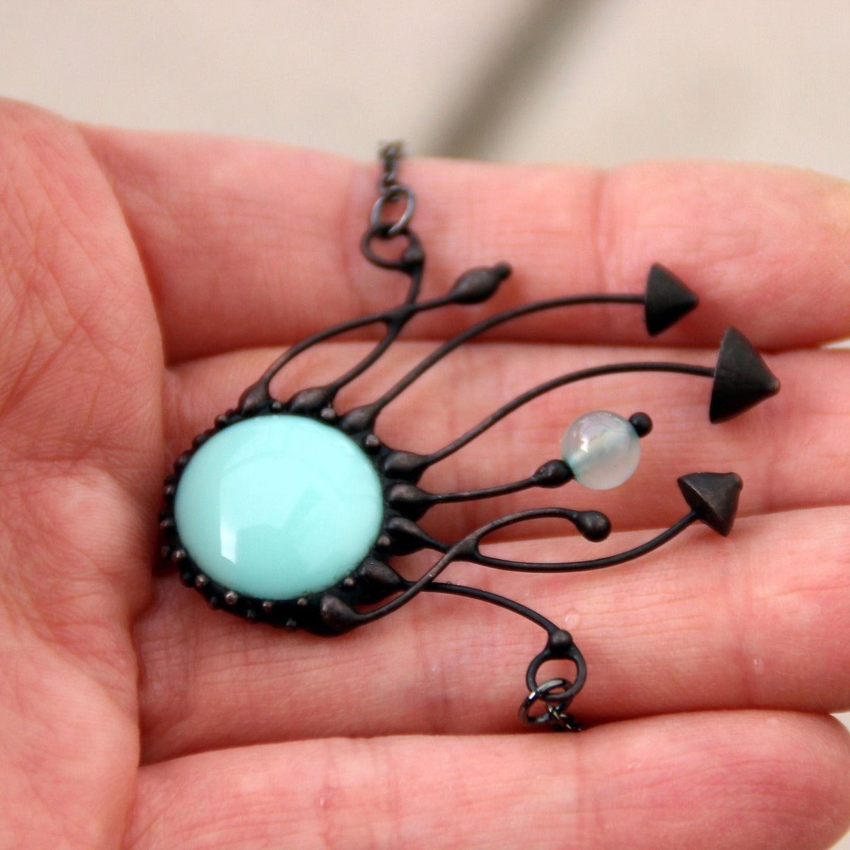 Blue Glass Mushroom Necklace – Blackened Copper Forest Pendant – Psychedelic Botanical