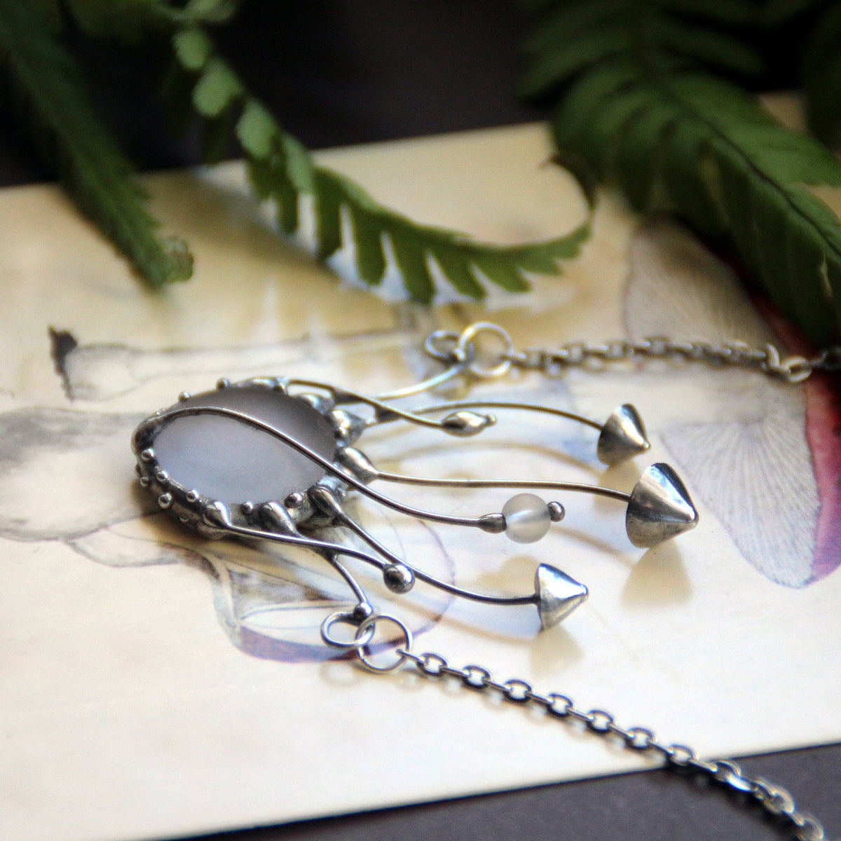 Frosted Glass Mushroom Necklace – Silver Tone