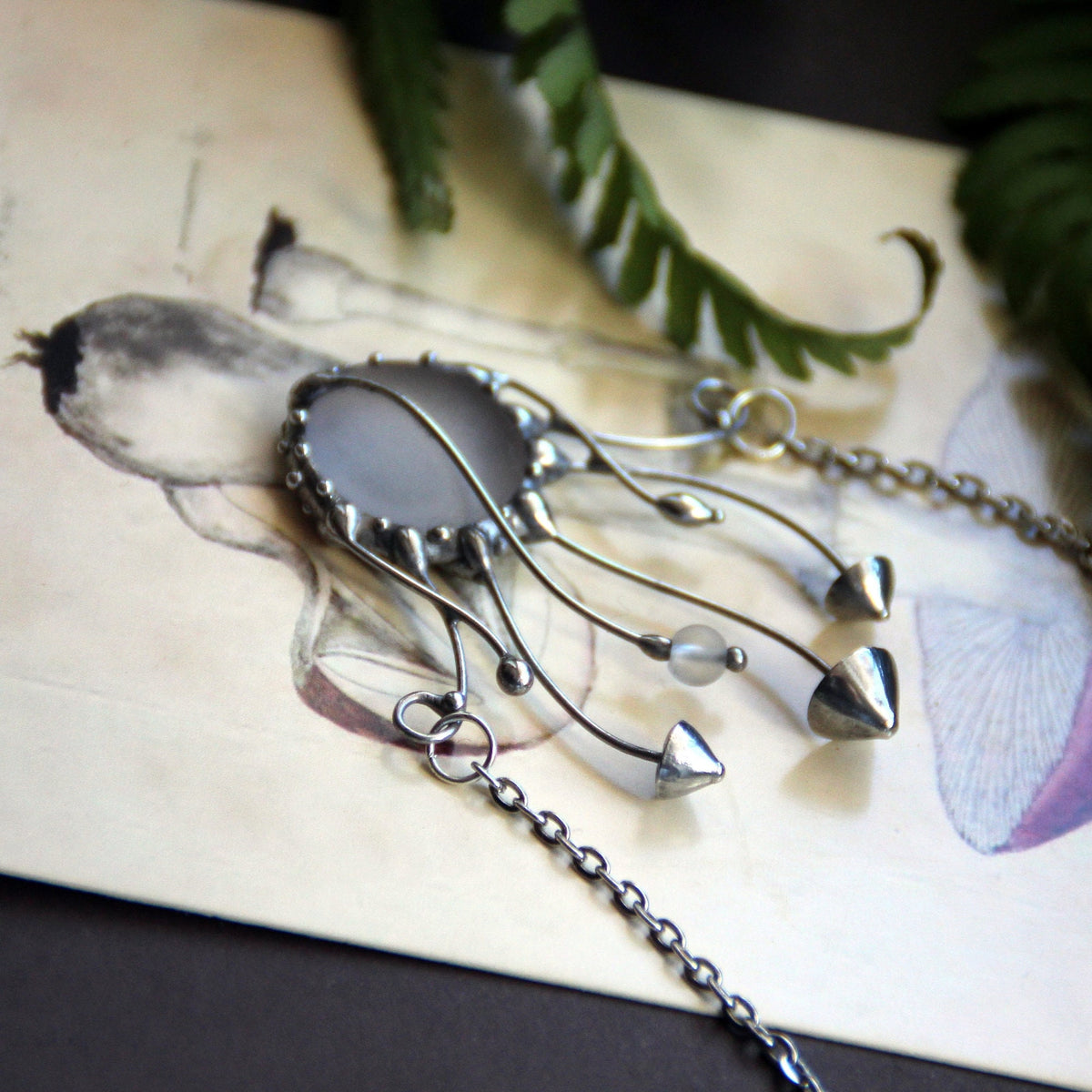 Frosted Glass Mushroom Necklace – Silver Tone
