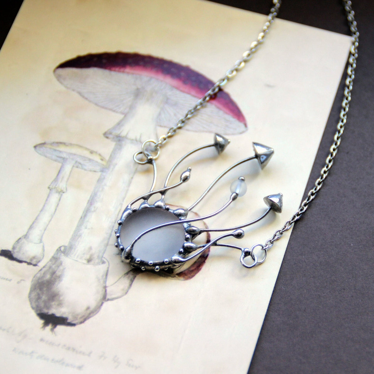 Frosted Glass Mushroom Necklace – Silver Tone