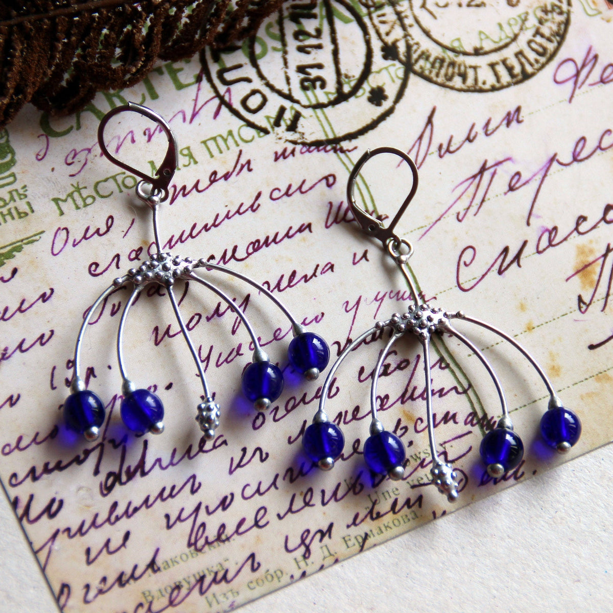 Cobalt Blue Glass Berry Earrings – Silver Tone