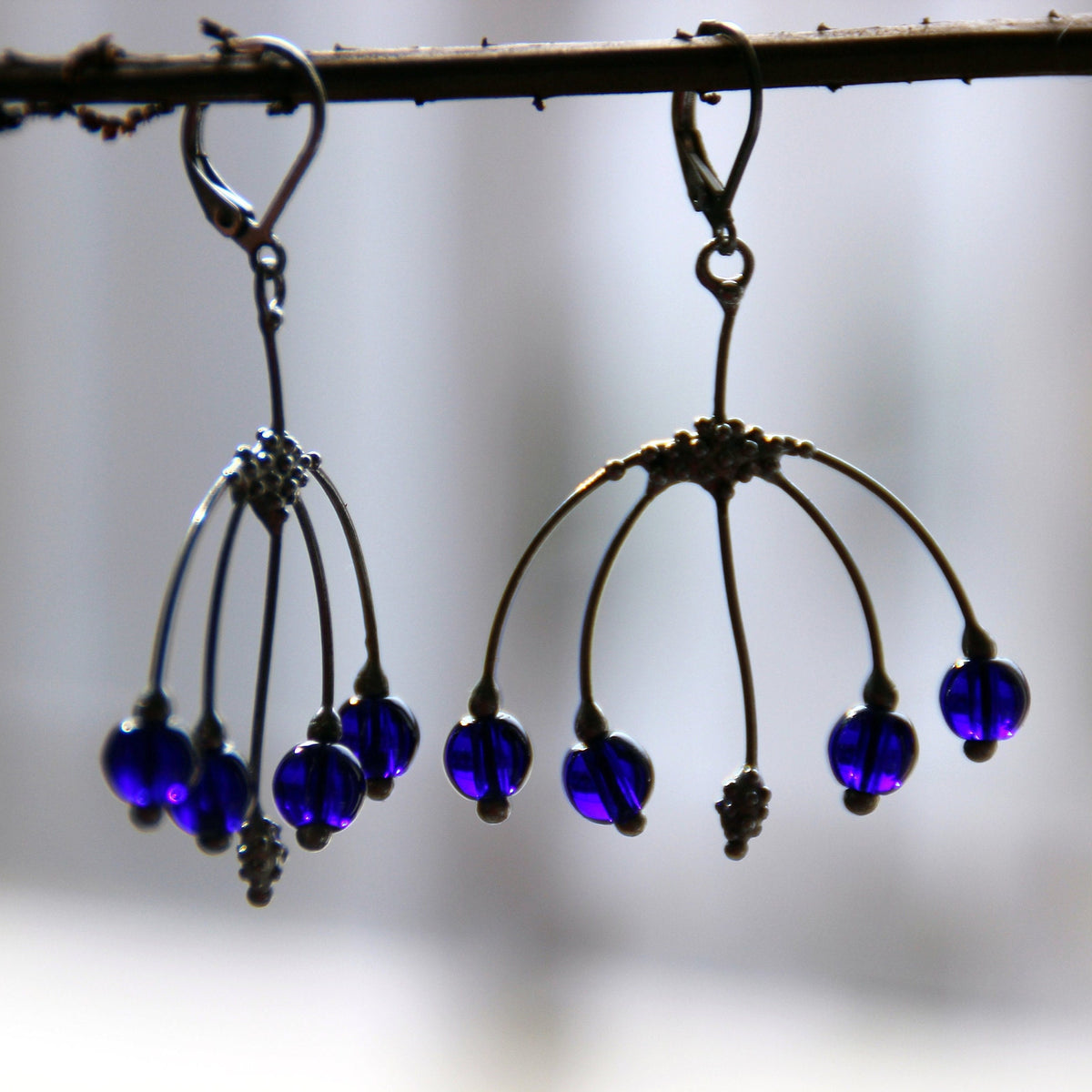 Cobalt Blue Glass Berry Earrings – Silver Tone