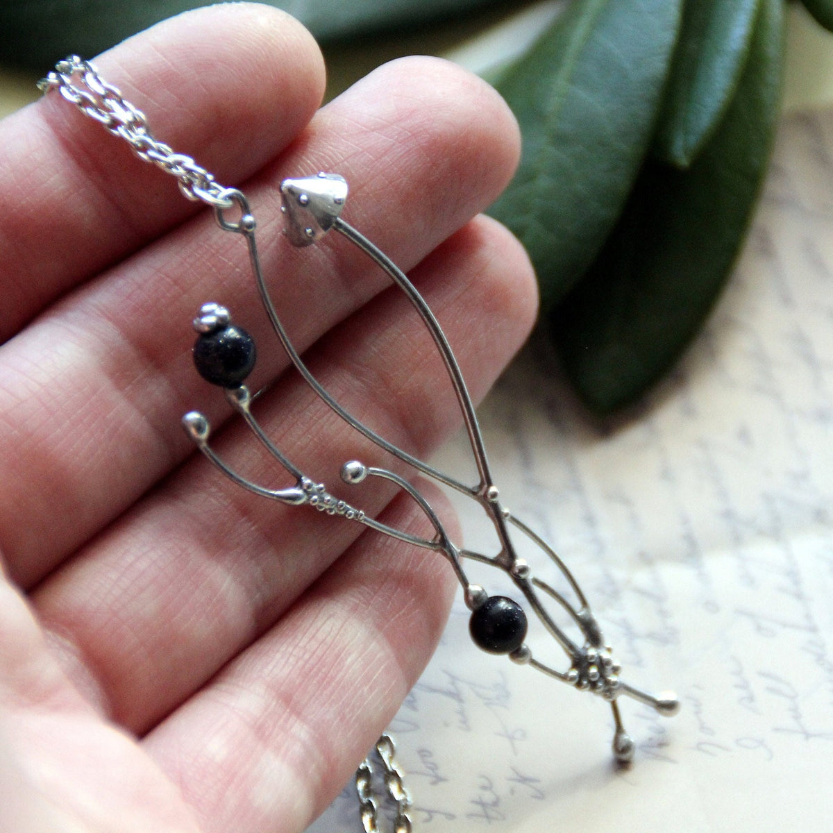 Silver Tone Amanita Mushroom Necklace – Blue Aventurine Forest Pendant – Botanical