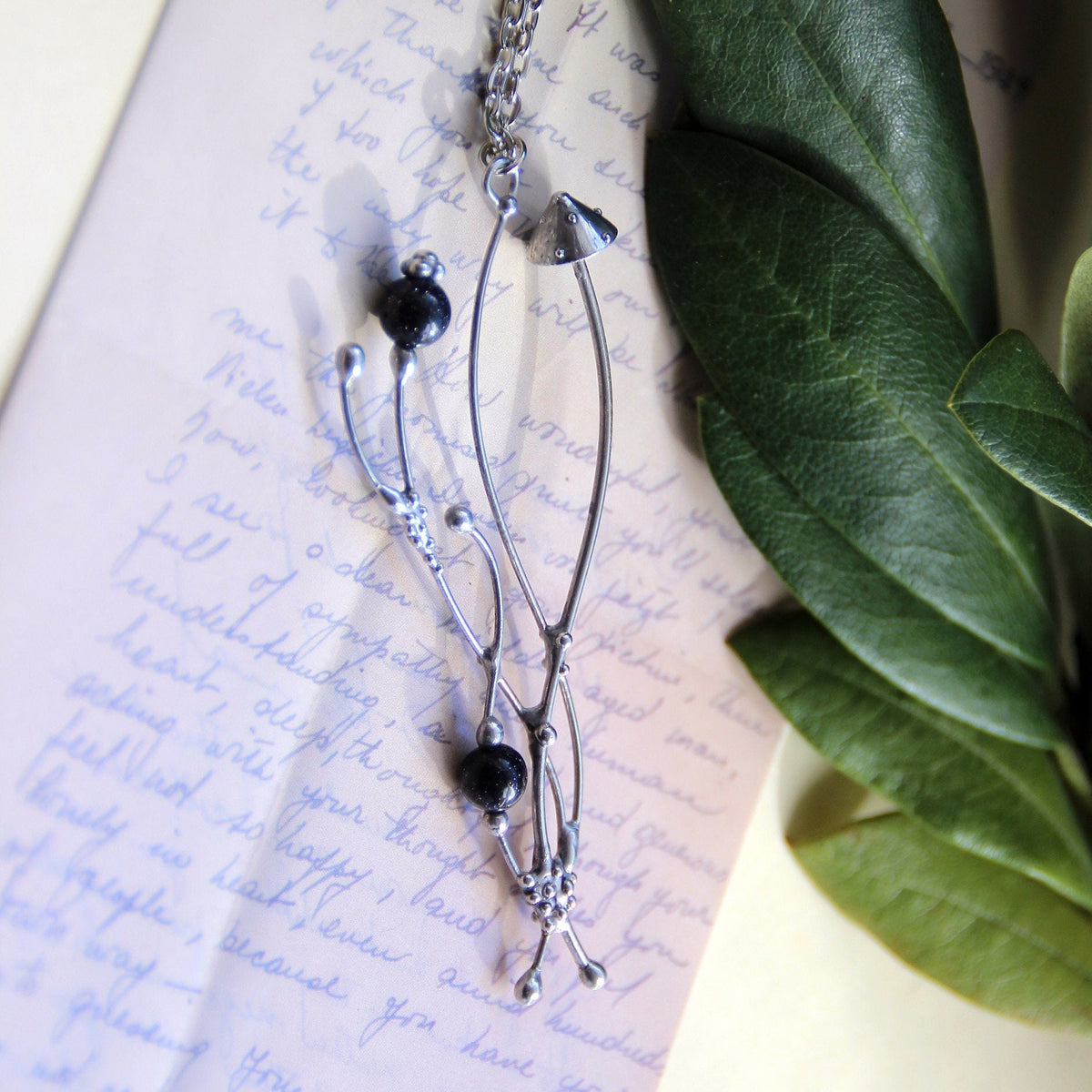 Silver Tone Amanita Mushroom Necklace – Blue Aventurine Forest Pendant – Botanical